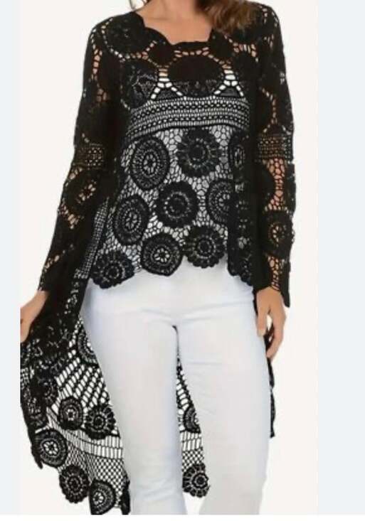 Via Ritina Tops - Via Ritina Black Crochet Long Sleeve High-Low Tunic Top